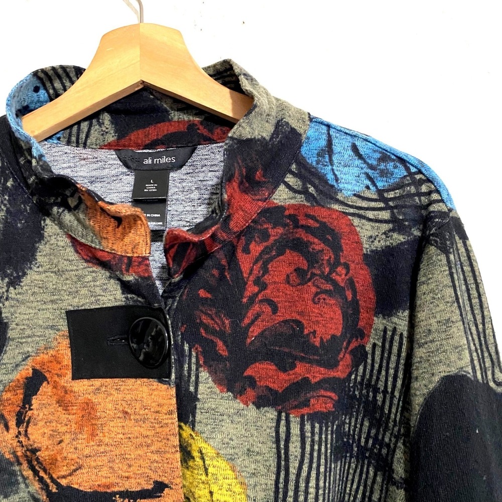 Ali Miles Womens Large Abstract Floral Button Front Jacket Mock Neck Bell Sleeve